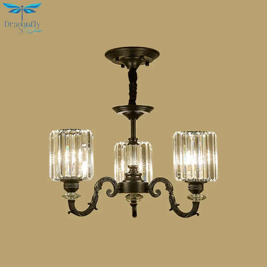 Black 3/6 Bulbs Hanging Chandelier Traditional Crystal Block Drum Ceiling Light Fixture