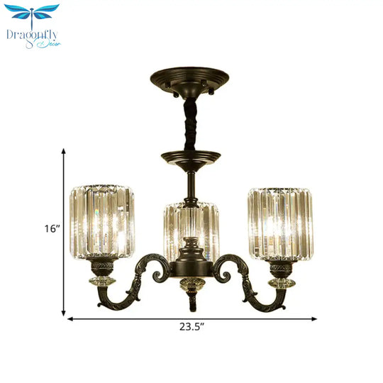 Black 3/6 Bulbs Hanging Chandelier Traditional Crystal Block Drum Ceiling Light Fixture