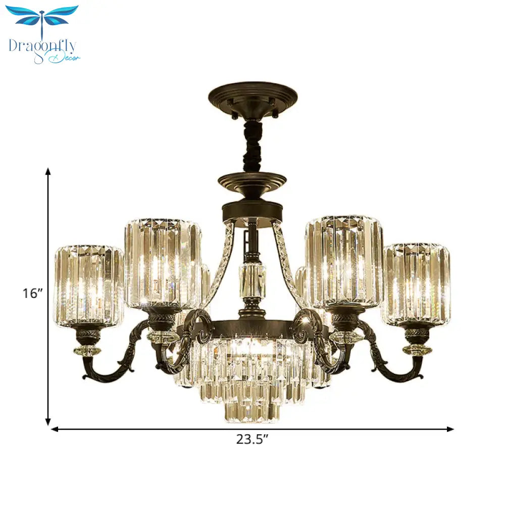 Black 3/6 Bulbs Hanging Chandelier Traditional Crystal Block Drum Ceiling Light Fixture
