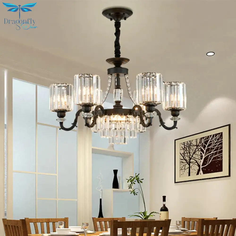 Black 3/6 Bulbs Hanging Chandelier Traditional Crystal Block Drum Ceiling Light Fixture