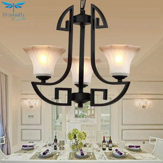 Black 3/6 Lights Pendant Chandelier Vintage Frosted Glass And Metal Flower Shape Hanging Light