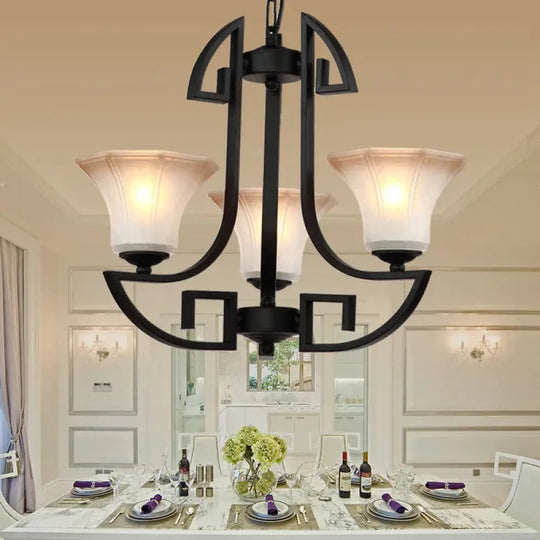 Black 3/6 Lights Pendant Chandelier Vintage Frosted Glass And Metal Flower Shape Hanging Light 3 /
