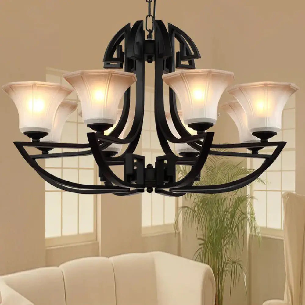 Black 3/6 Lights Pendant Chandelier Vintage Frosted Glass And Metal Flower Shape Hanging Light 6 /