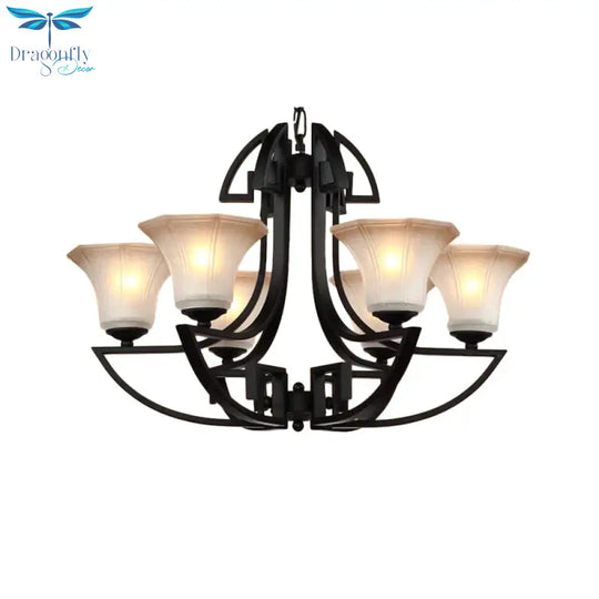 Black 3/6 Lights Pendant Chandelier Vintage Frosted Glass And Metal Flower Shape Hanging Light