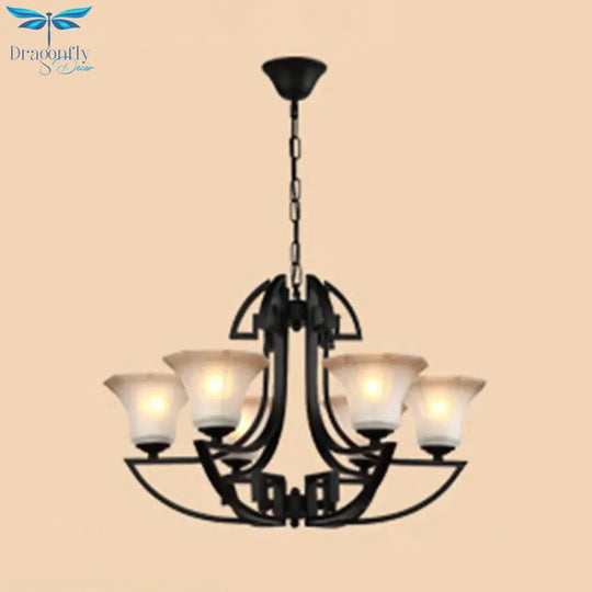 Black 3/6 Lights Pendant Chandelier Vintage Frosted Glass And Metal Flower Shape Hanging Light