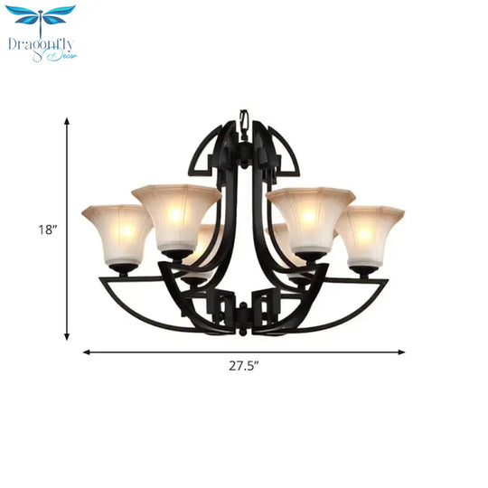 Black 3/6 Lights Pendant Chandelier Vintage Frosted Glass And Metal Flower Shape Hanging Light
