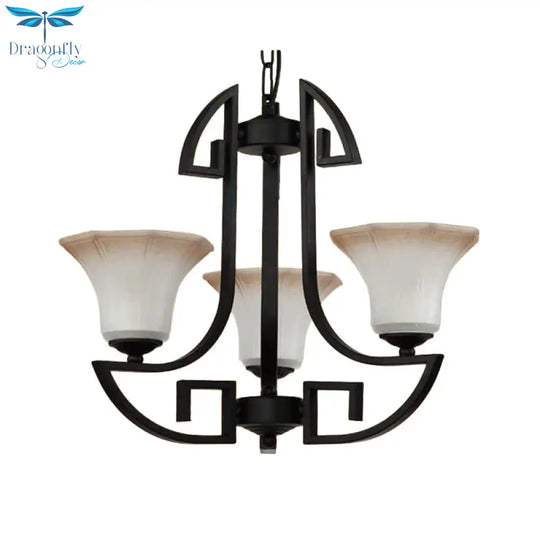 Black 3/6 Lights Pendant Chandelier Vintage Frosted Glass And Metal Flower Shape Hanging Light