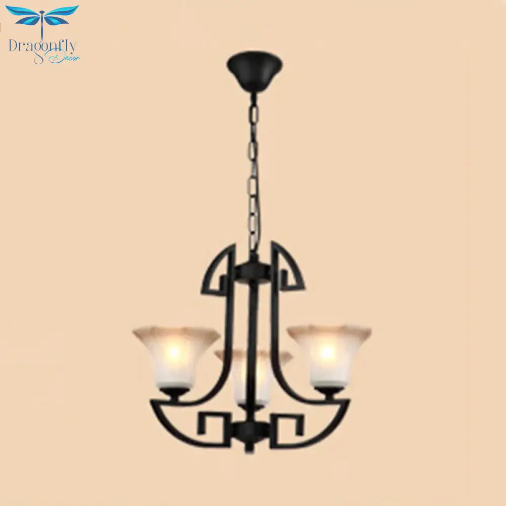 Black 3/6 Lights Pendant Chandelier Vintage Frosted Glass And Metal Flower Shape Hanging Light