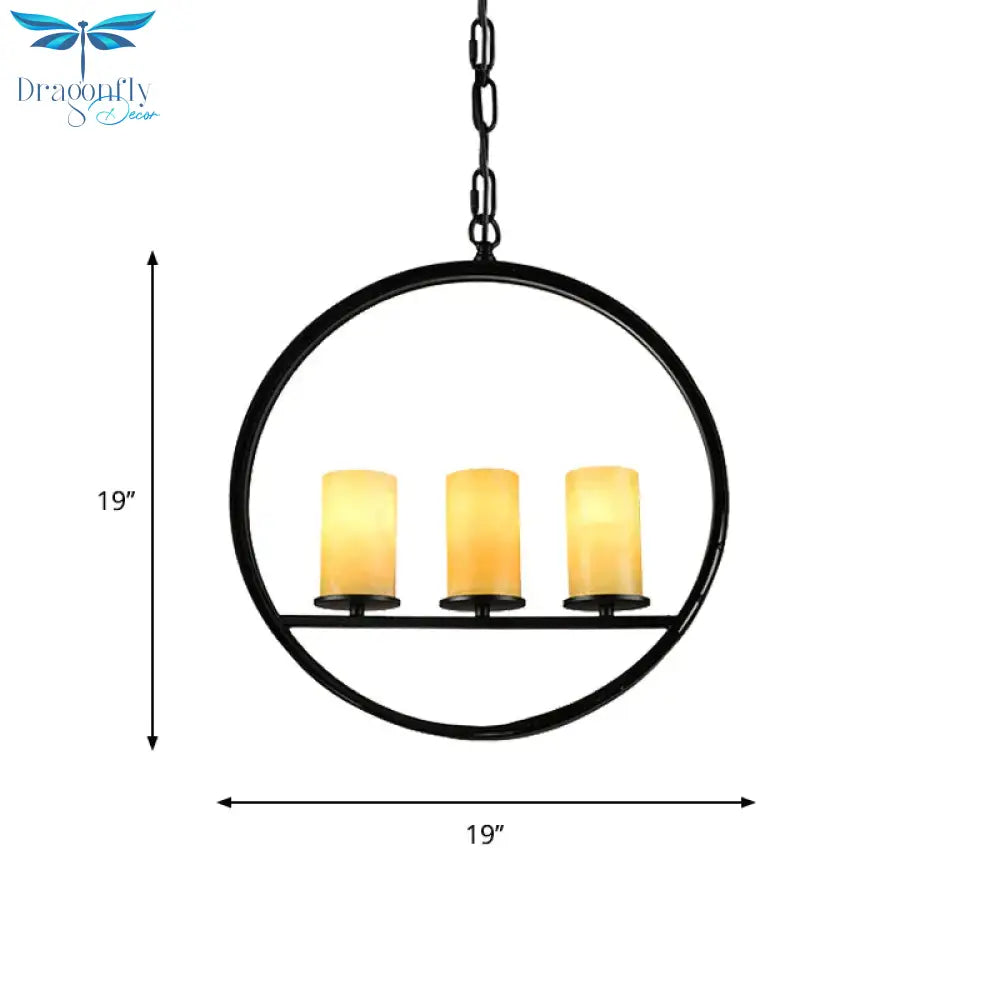 Black 3 Heads Suspension Light Vintage Metal Ring Chandelier Lamp Fixture With Cylinder Yellow