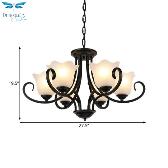 Black 4/6/8 - Bulb Ceiling Chandelier Warehouse Frosted Glass Flower Hanging Light Kit With Scroll