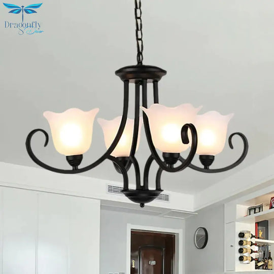 Black 4/6/8 - Bulb Ceiling Chandelier Warehouse Frosted Glass Flower Hanging Light Kit With Scroll