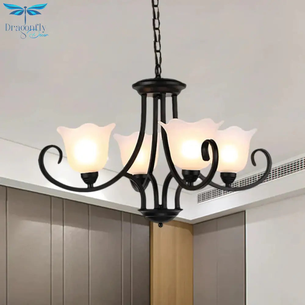 Black 4/6/8 - Bulb Ceiling Chandelier Warehouse Frosted Glass Flower Hanging Light Kit With Scroll