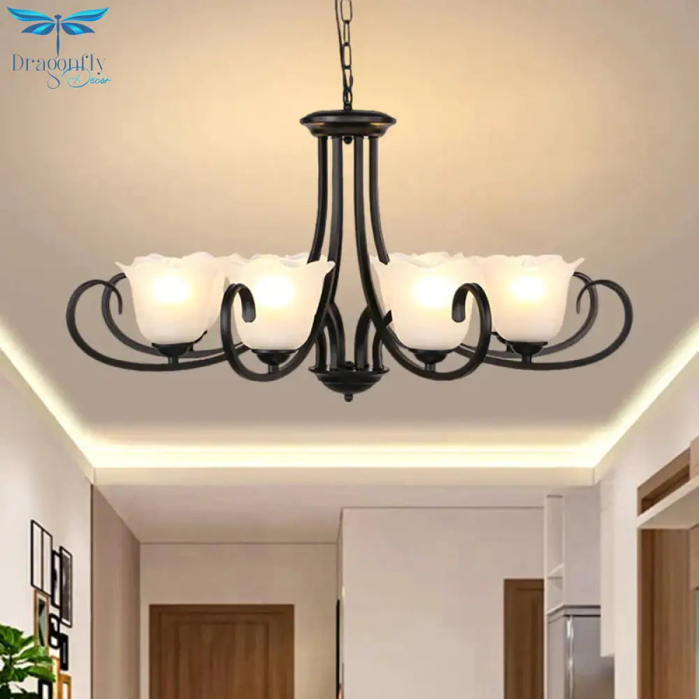 Black 4/6/8 - Bulb Ceiling Chandelier Warehouse Frosted Glass Flower Hanging Light Kit With Scroll