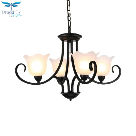 Black 4/6/8 - Bulb Ceiling Chandelier Warehouse Frosted Glass Flower Hanging Light Kit With Scroll