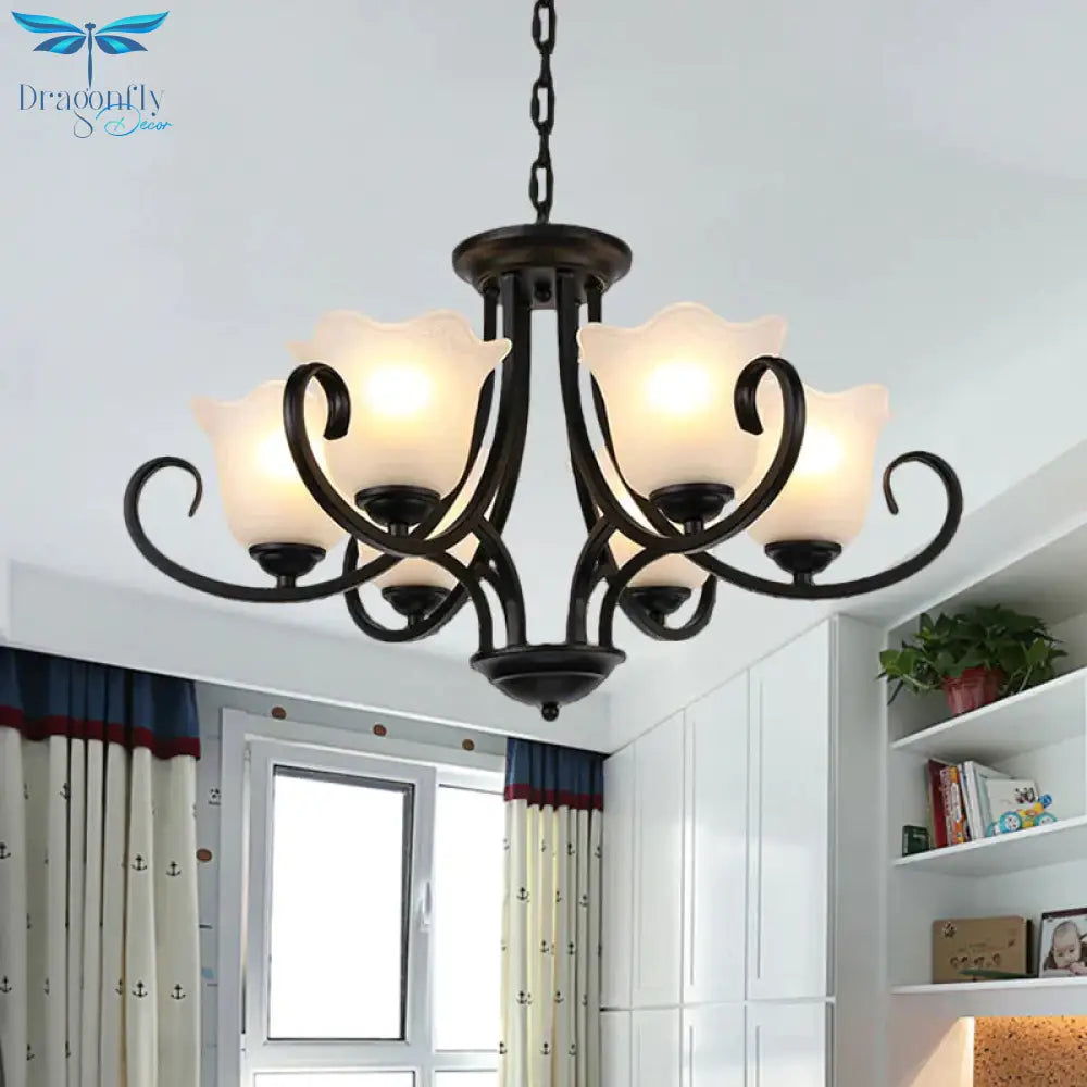 Black 4/6/8 - Bulb Ceiling Chandelier Warehouse Frosted Glass Flower Hanging Light Kit With Scroll