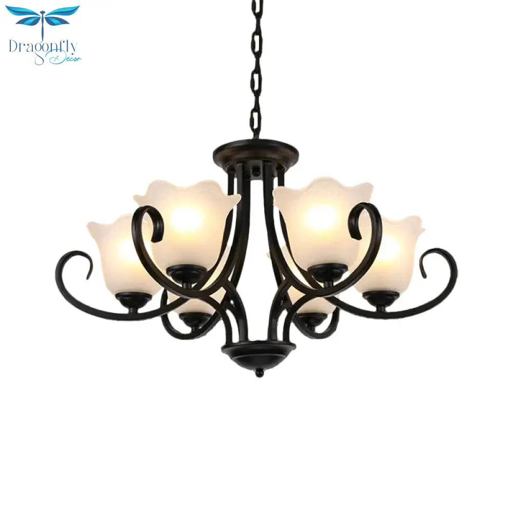 Black 4/6/8 - Bulb Ceiling Chandelier Warehouse Frosted Glass Flower Hanging Light Kit With Scroll