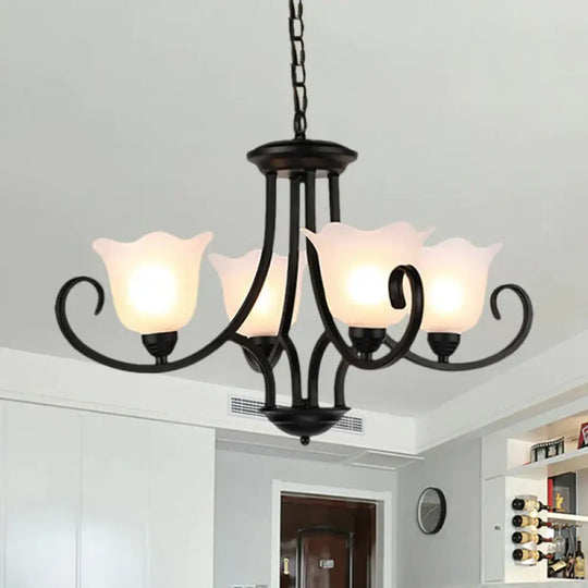 Black 4/6/8 - Bulb Ceiling Chandelier Warehouse Frosted Glass Flower Hanging Light Kit With Scroll