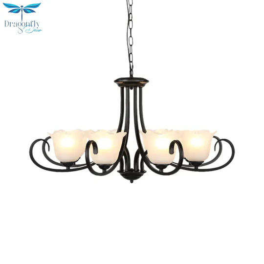 Black 4/6/8 - Bulb Ceiling Chandelier Warehouse Frosted Glass Flower Hanging Light Kit With Scroll