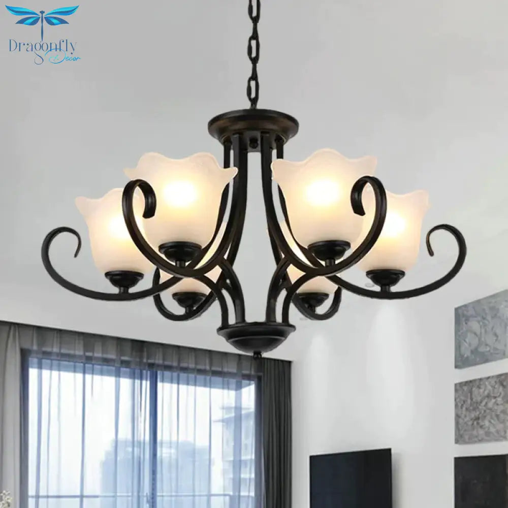Black 4/6/8 - Bulb Ceiling Chandelier Warehouse Frosted Glass Flower Hanging Light Kit With Scroll