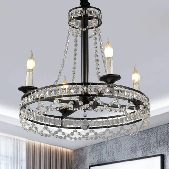 Black 4/6 - Light Chandelier Lamp Traditional Wheel Crystal Strand Hanging Ceiling Light For