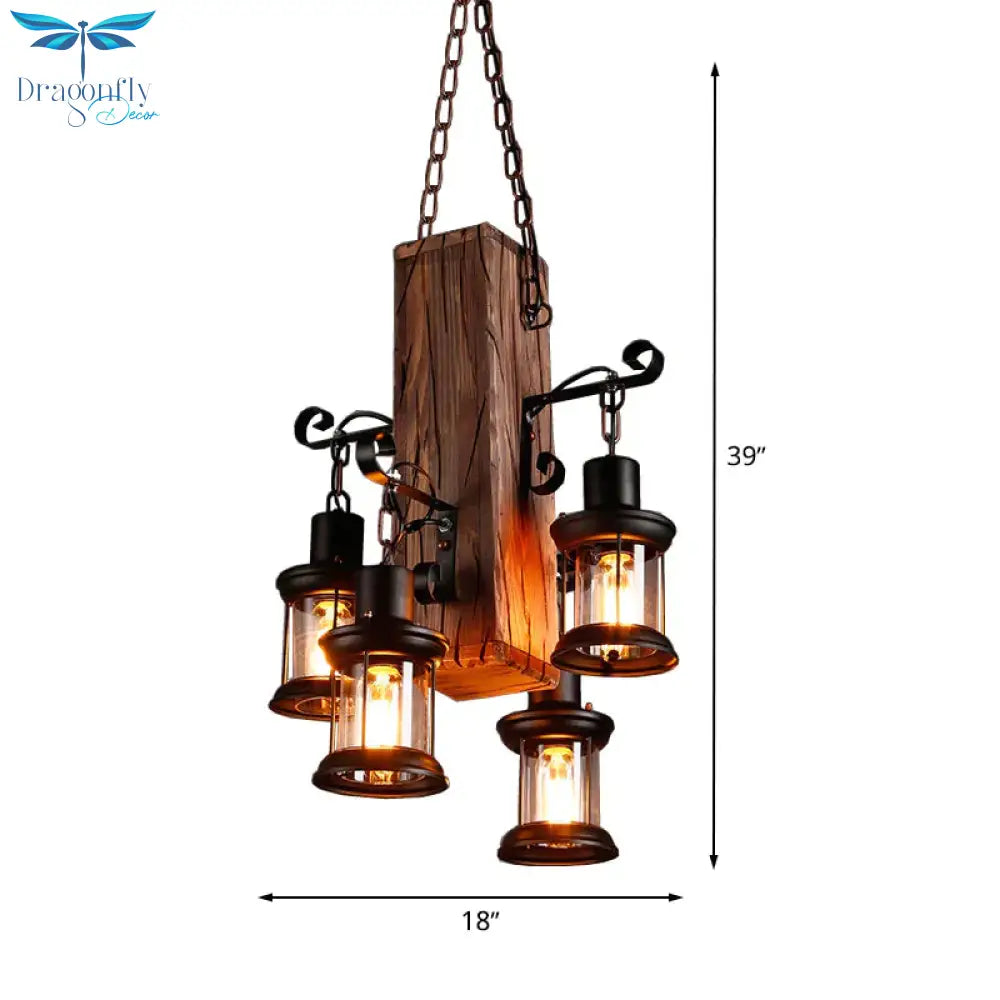 Black 4 Lights Chandelier Light Fixture Industrial Clear Glass Lantern Pendant Lamp With Wooden Beam