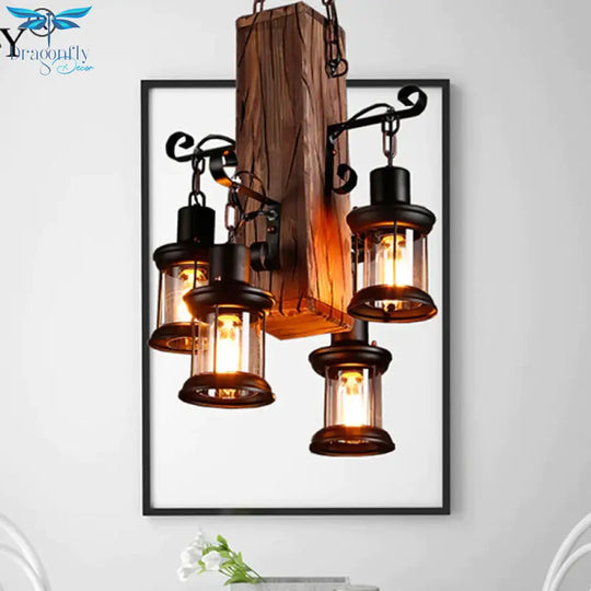 Black 4 Lights Chandelier Light Fixture Industrial Clear Glass Lantern Pendant Lamp With Wooden Beam