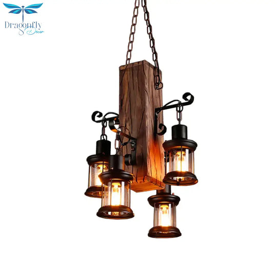 Black 4 Lights Chandelier Light Fixture Industrial Clear Glass Lantern Pendant Lamp With Wooden Beam