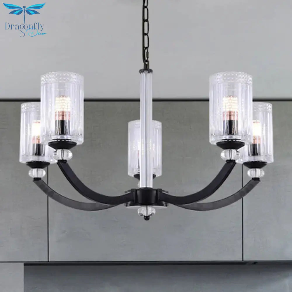 Black 5/6/8 Lights Chandelier Light Fixture Traditional Clear Textured Glass Cylinder Pendant Lamp