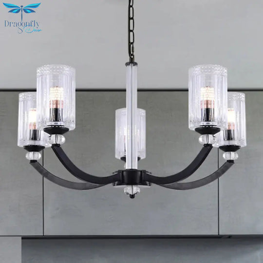 Black 5/6/8 Lights Chandelier Light Fixture Traditional Clear Textured Glass Cylinder Pendant Lamp