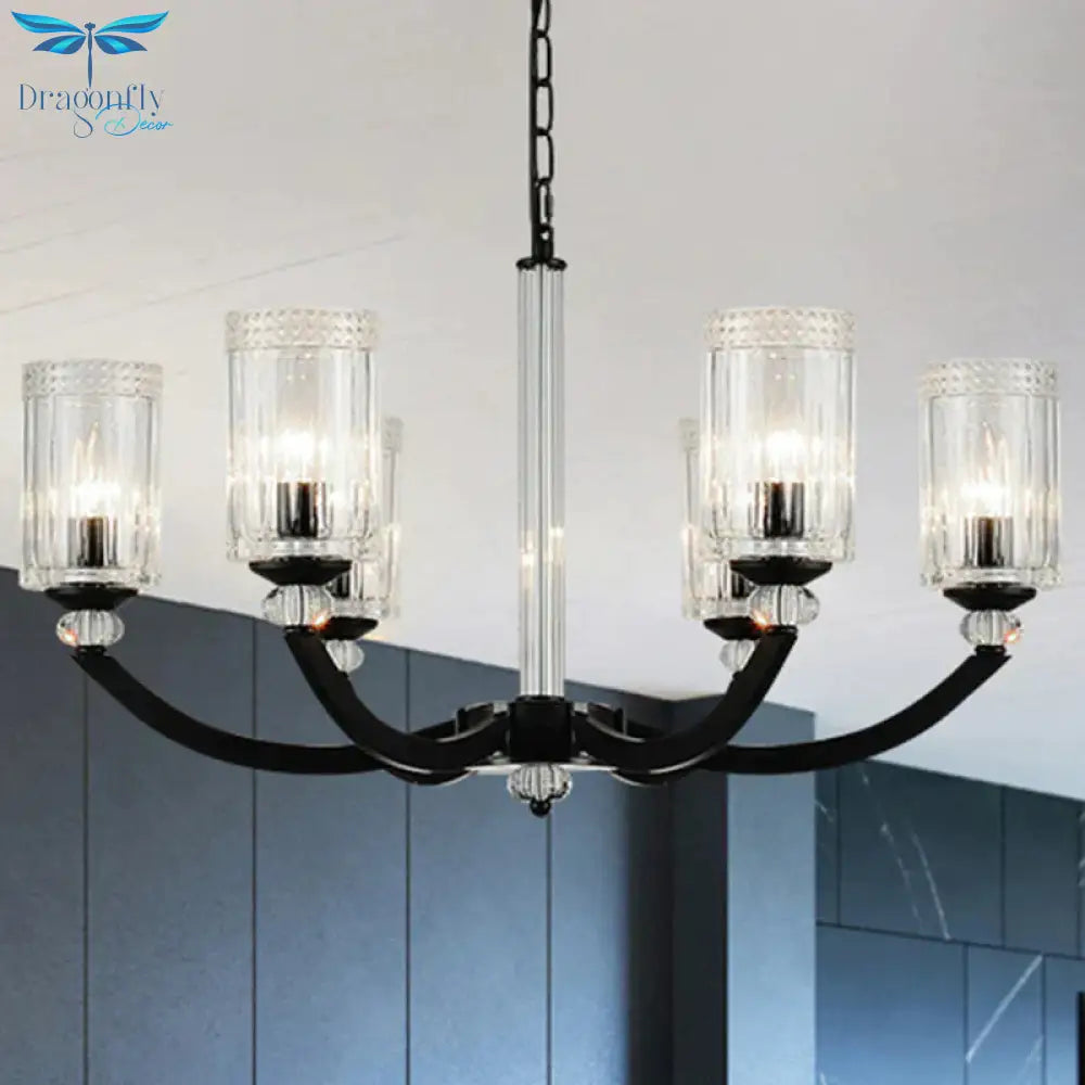 Black 5/6/8 Lights Chandelier Light Fixture Traditional Clear Textured Glass Cylinder Pendant Lamp