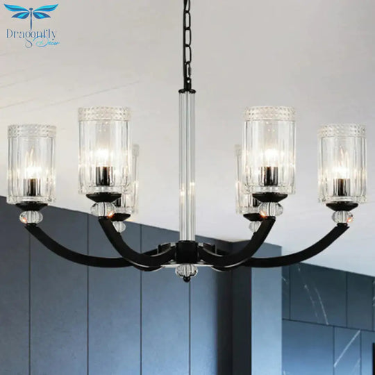 Black 5/6/8 Lights Chandelier Light Fixture Traditional Clear Textured Glass Cylinder Pendant Lamp