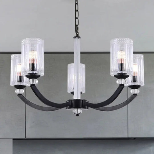 Black 5/6/8 Lights Chandelier Light Fixture Traditional Clear Textured Glass Cylinder Pendant Lamp