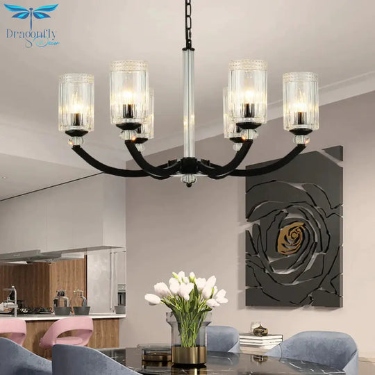 Black 5/6/8 Lights Chandelier Light Fixture Traditional Clear Textured Glass Cylinder Pendant Lamp