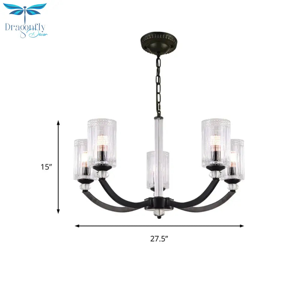 Black 5/6/8 Lights Chandelier Light Fixture Traditional Clear Textured Glass Cylinder Pendant Lamp