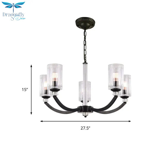 Black 5/6/8 Lights Chandelier Light Fixture Traditional Clear Textured Glass Cylinder Pendant Lamp