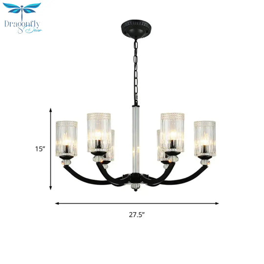 Black 5/6/8 Lights Chandelier Light Fixture Traditional Clear Textured Glass Cylinder Pendant Lamp