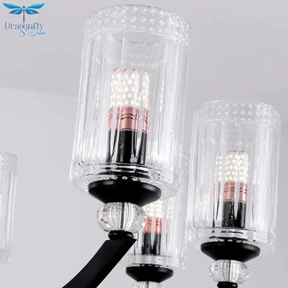 Black 5/6/8 Lights Chandelier Light Fixture Traditional Clear Textured Glass Cylinder Pendant Lamp