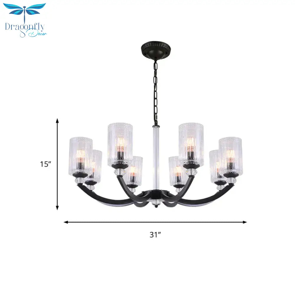 Black 5/6/8 Lights Chandelier Light Fixture Traditional Clear Textured Glass Cylinder Pendant Lamp
