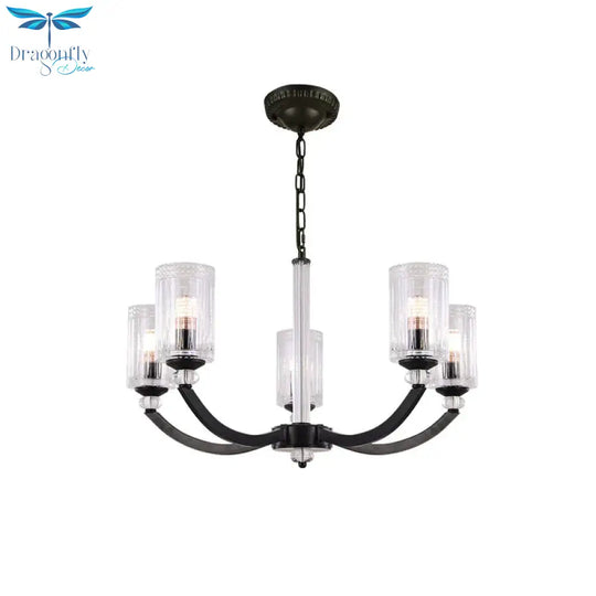 Black 5/6/8 Lights Chandelier Light Fixture Traditional Clear Textured Glass Cylinder Pendant Lamp
