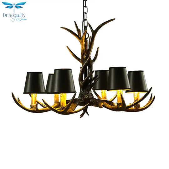 Black 6/8 Lights Chandelier Lighting Rustic Resin Cone Pendant Lamp With Antler For Living Room
