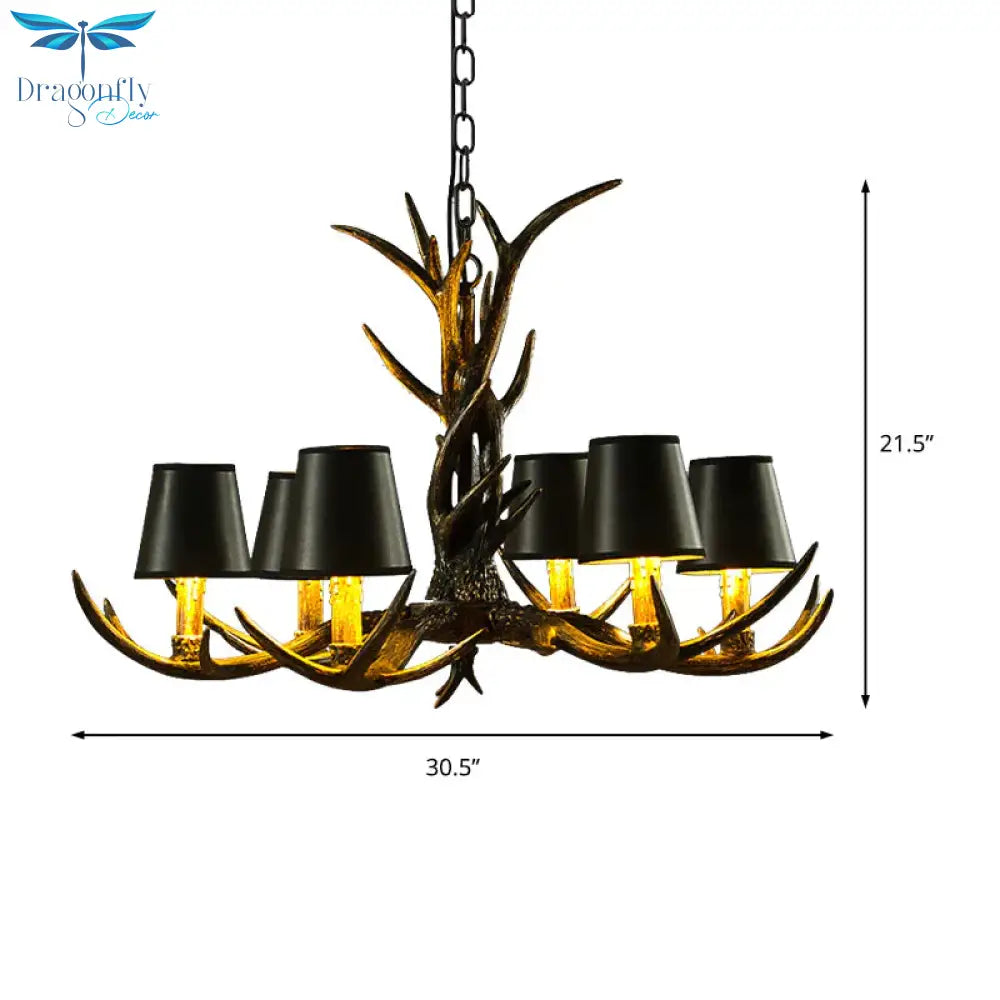 Black 6/8 Lights Chandelier Lighting Rustic Resin Cone Pendant Lamp With Antler For Living Room