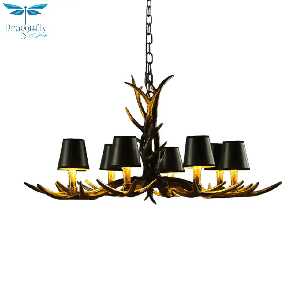 Black 6/8 Lights Chandelier Lighting Rustic Resin Cone Pendant Lamp With Antler For Living Room