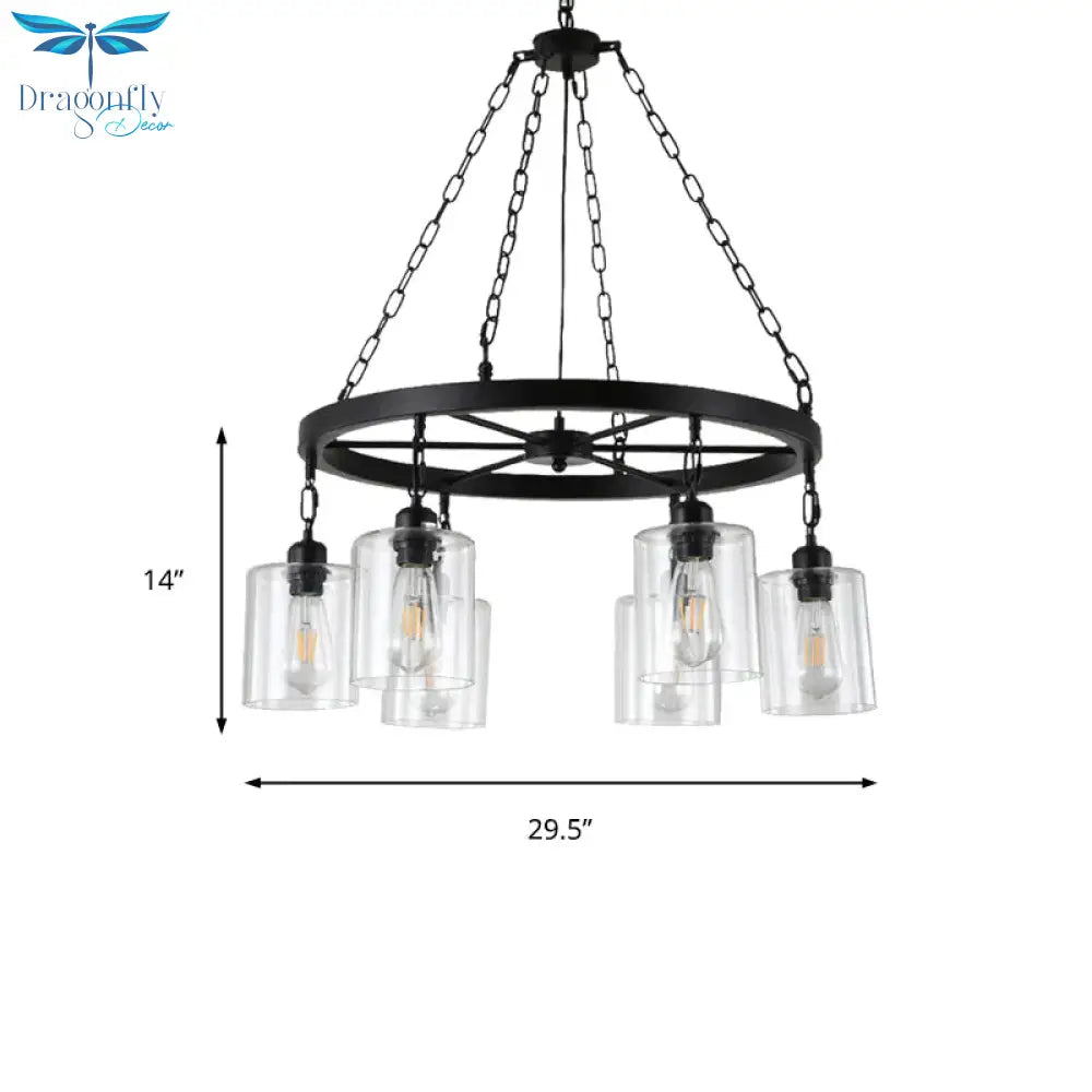 Black 6/8 Lights Pendant Chandelier Traditional Clear Glass Cylinder Hanging Light With Wagon Wheel