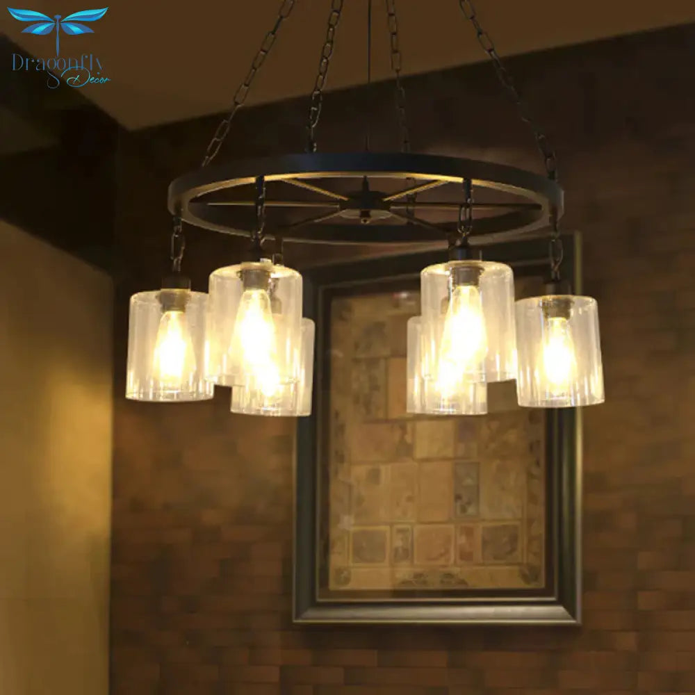 Black 6/8 Lights Pendant Chandelier Traditional Clear Glass Cylinder Hanging Light With Wagon Wheel