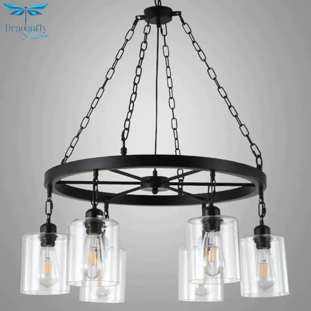 Black 6/8 Lights Pendant Chandelier Traditional Clear Glass Cylinder Hanging Light With Wagon Wheel