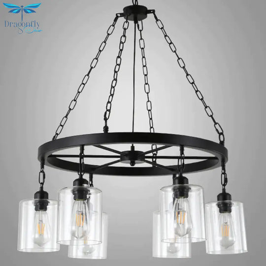 Black 6/8 Lights Pendant Chandelier Traditional Clear Glass Cylinder Hanging Light With Wagon Wheel