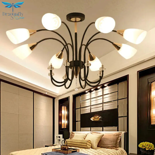 Black 6/9/12 Heads Hanging Chandelier Traditional Style Frosted Glass Empire Shade Ceiling