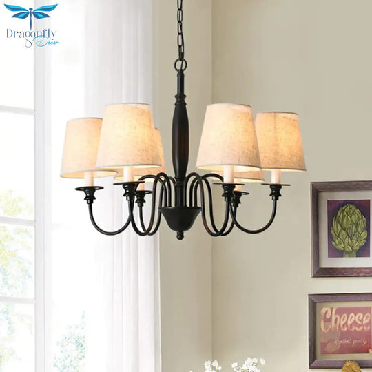Black 6 Heads Chandelier Lighting Country Fabric Tapered Hanging Pendant Light With Swooping Arm