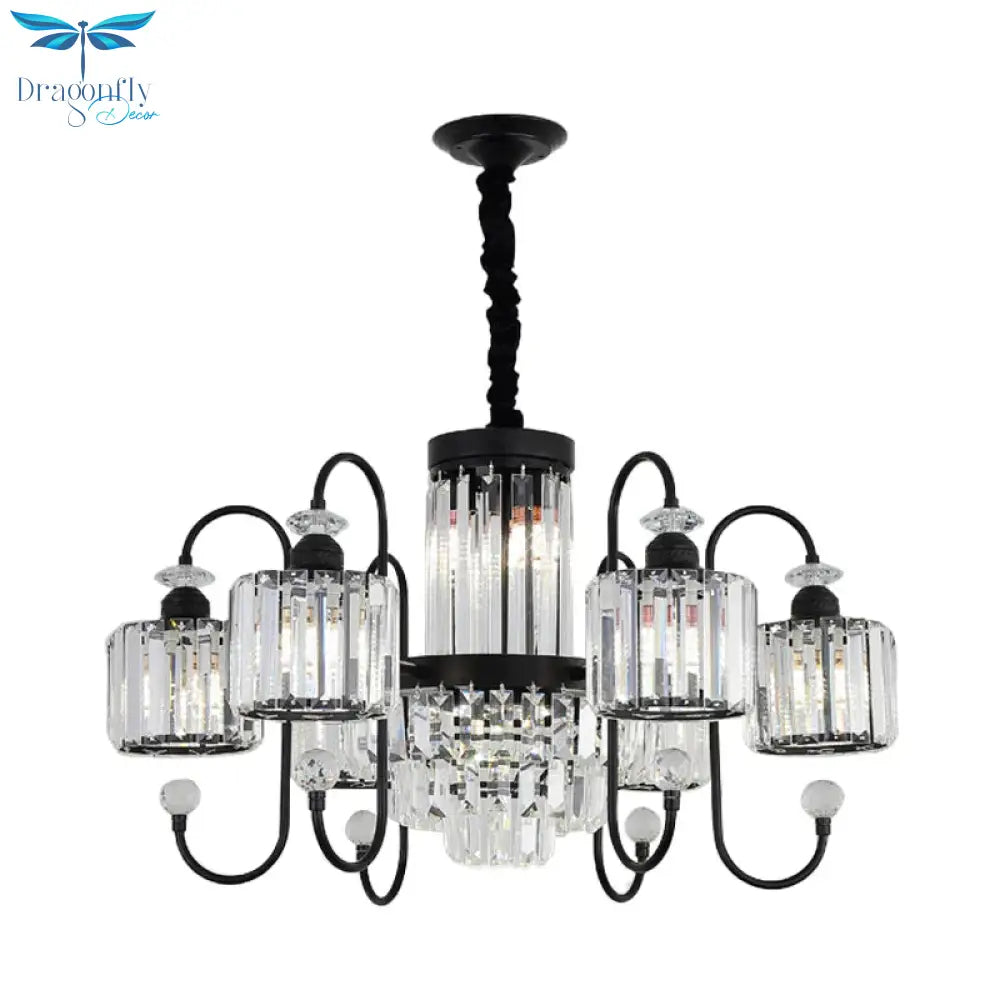 Black 6 Lights Suspension Lighting Modern Crystal Cylindrical Chandelier With Oval Arm