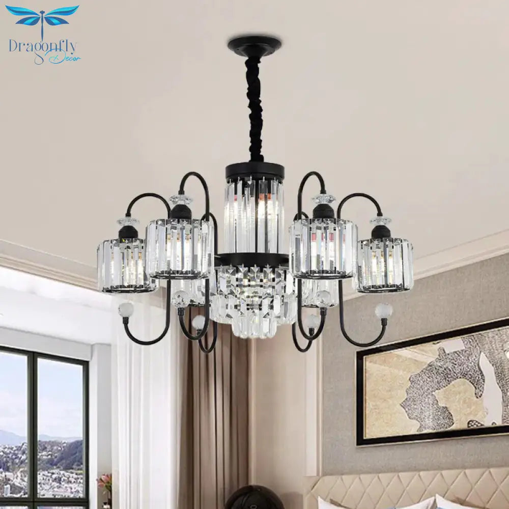Black 6 Lights Suspension Lighting Modern Crystal Cylindrical Chandelier With Oval Arm